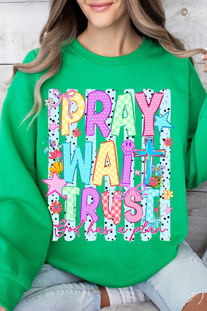 Pray Wait Trust Bright Doodle Heavy Blend Crew Sweatshirt - Wholesale Accessory Market