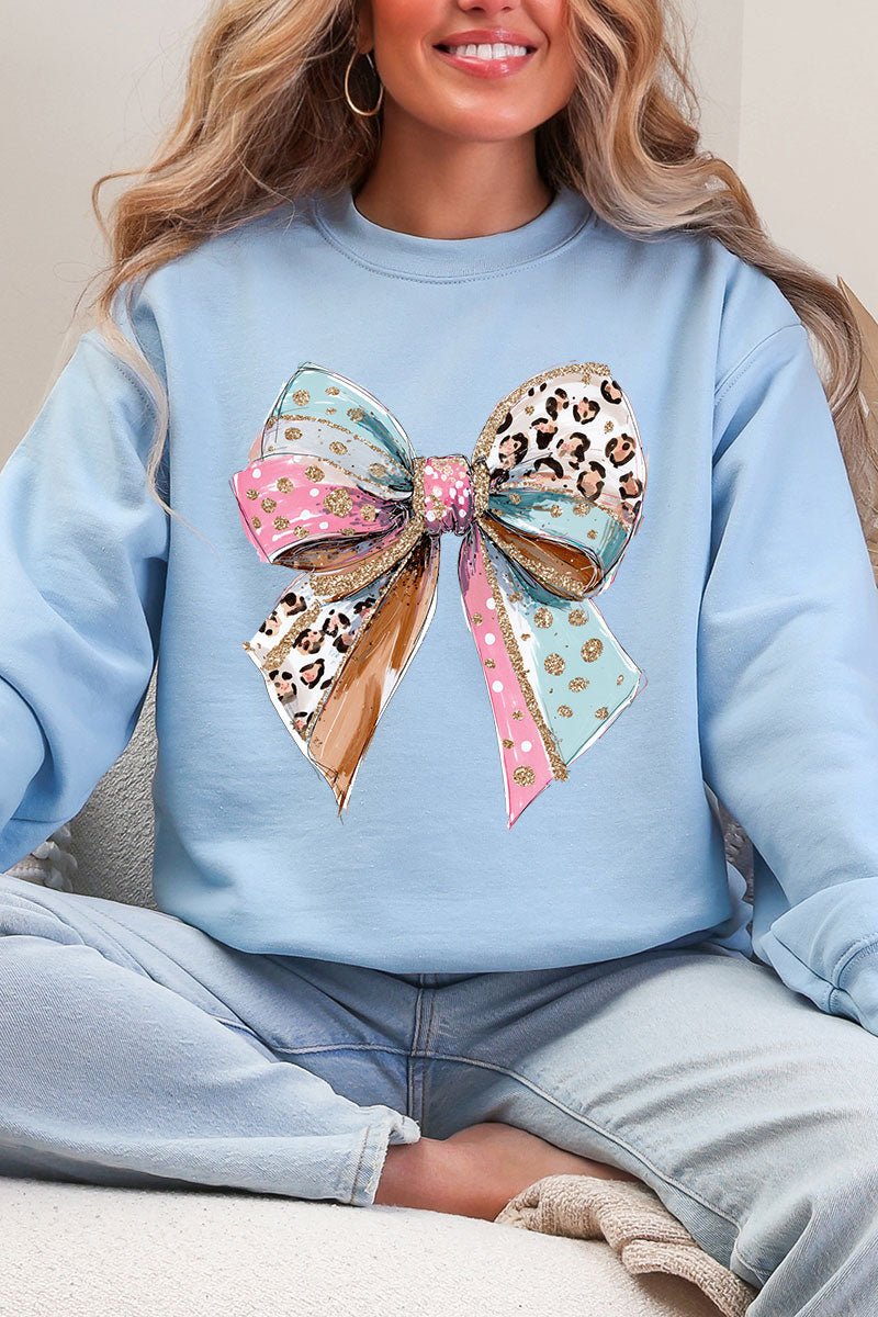 Pastel Leopard Bow Heavy Blend Crew Sweatshirt - Wholesale Accessory Market