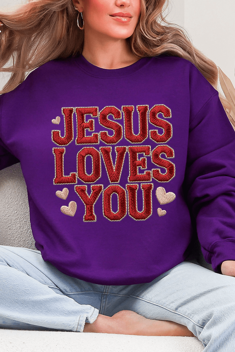 Faux Embroidery Jesus Loves You Heavy Blend Crew Sweatshirt - Wholesale Accessory Market