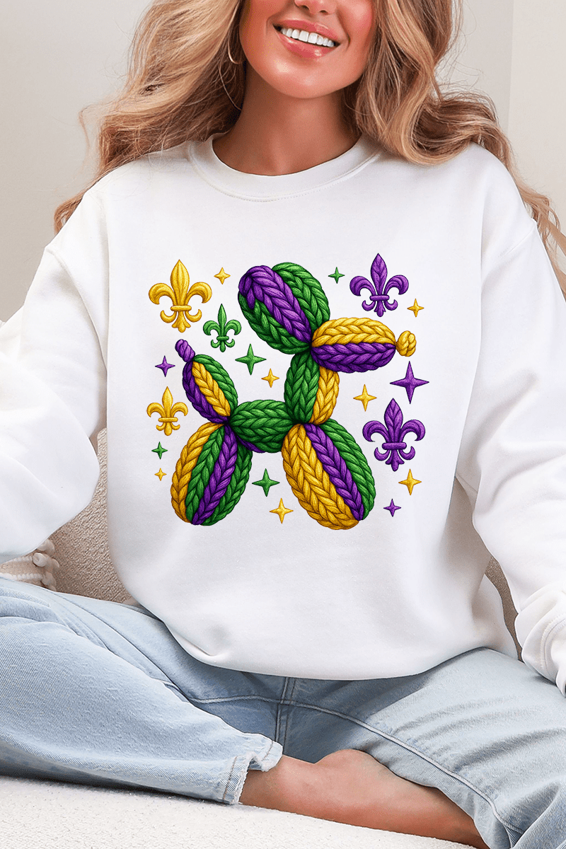 Faux Yarn Mardi Gras Balloon Dog Heavy Blend Crew Sweatshirt - Wholesale Accessory Market