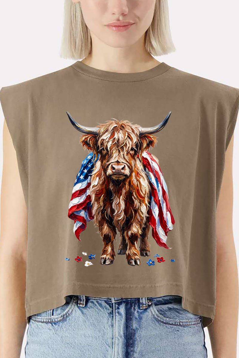 Painted Old Glory Highland Cow Women's Garment - Dyed Heavyweight Muscle Tee - Wholesale Accessory Market
