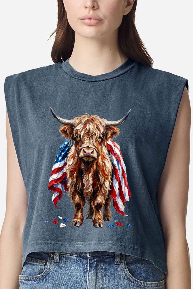 Painted Old Glory Highland Cow Women's Garment - Dyed Heavyweight Muscle Tee - Wholesale Accessory Market
