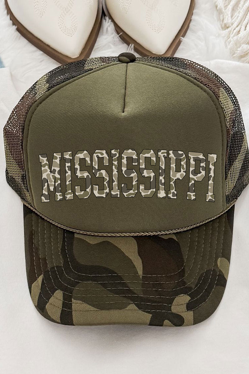 Camo Mississippi Otto Camo with Moss Green Foam Front Trucker Hat - Wholesale Accessory Market