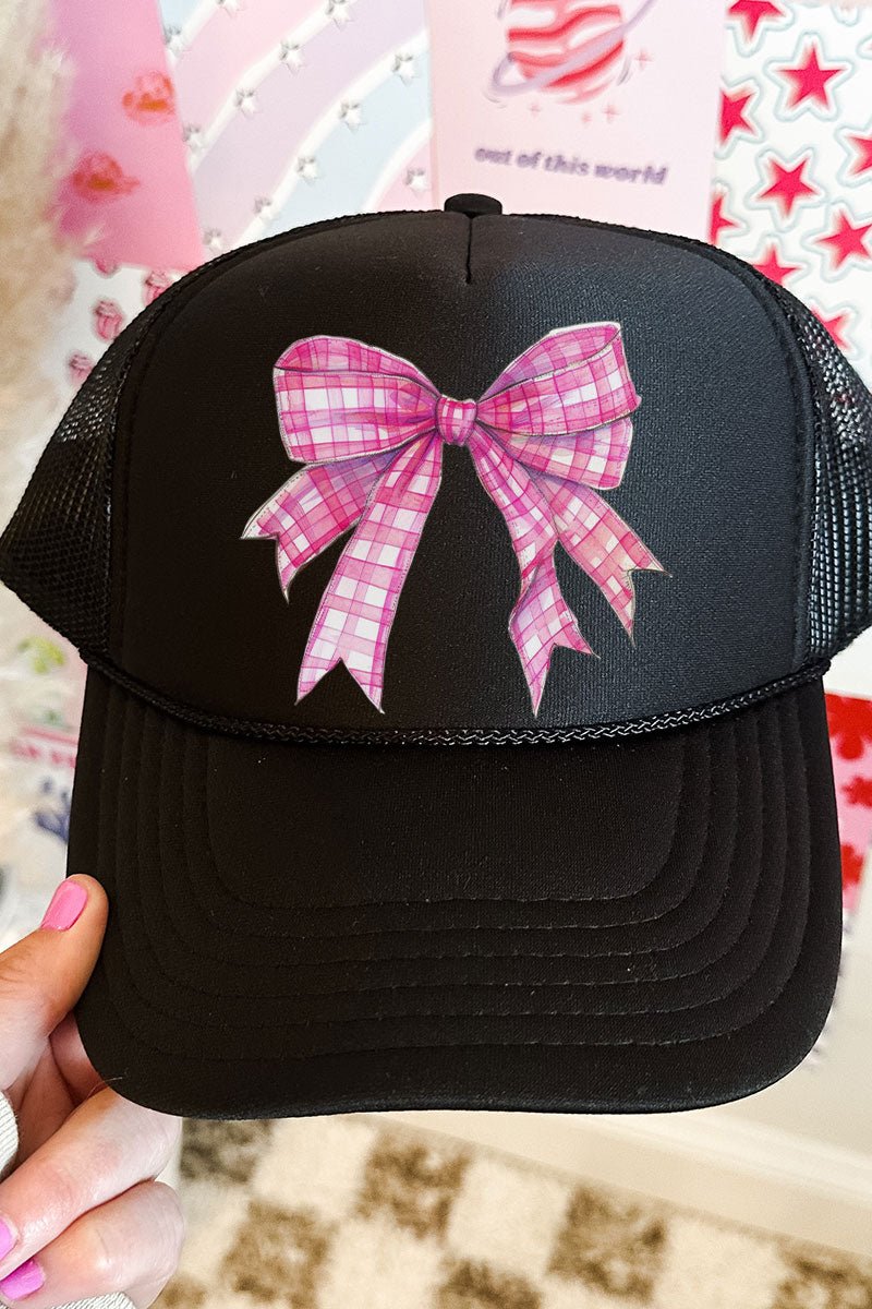 Hot Pink Gingham Bow Otto Black Foam Front Trucker Hat - Wholesale Accessory Market