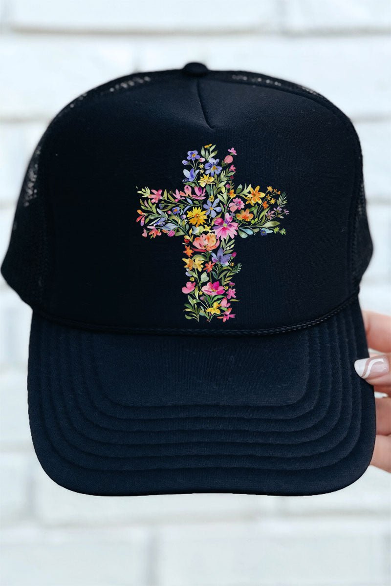 Watercolor Floral Cross Otto Black Foam Front Trucker Hat - Wholesale Accessory Market