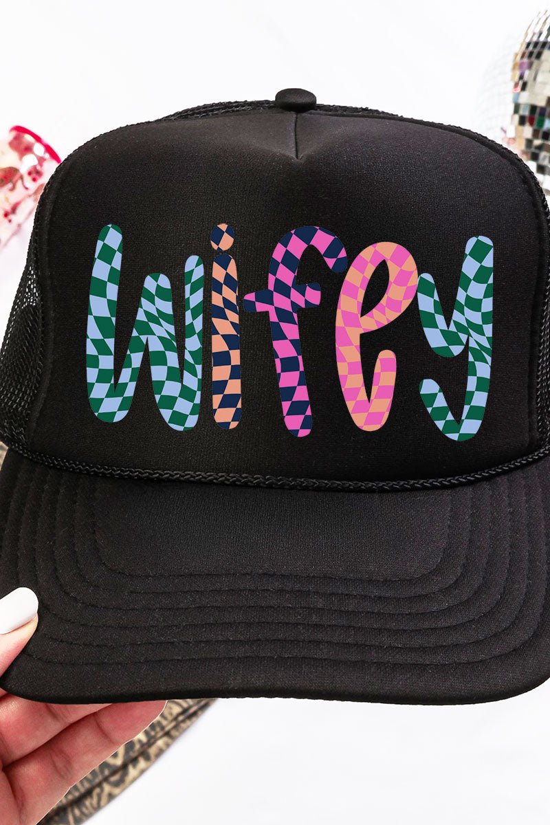 Wavy Checkered Wifey Otto Black Foam Front Trucker Hat - Wholesale Accessory Market