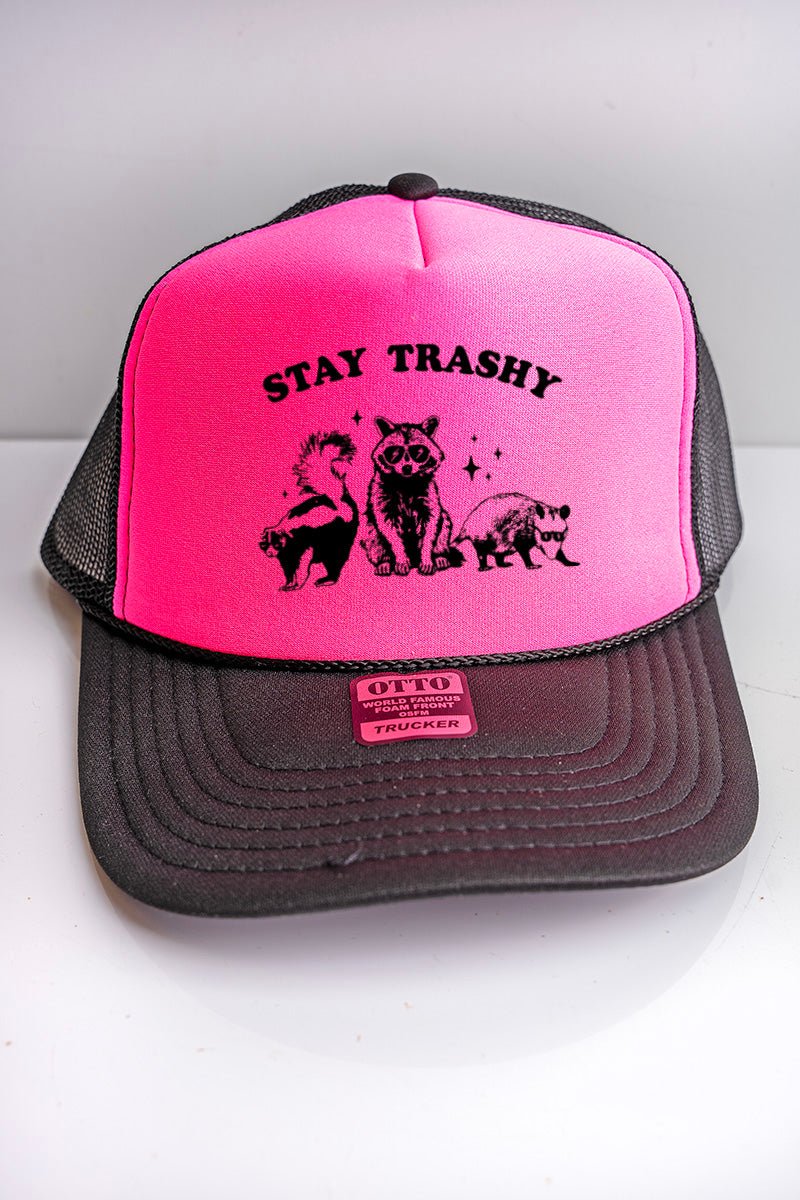 Stay Trashy Black with Neon Pink Foam Front Trucker Hat - Wholesale Accessory Market
