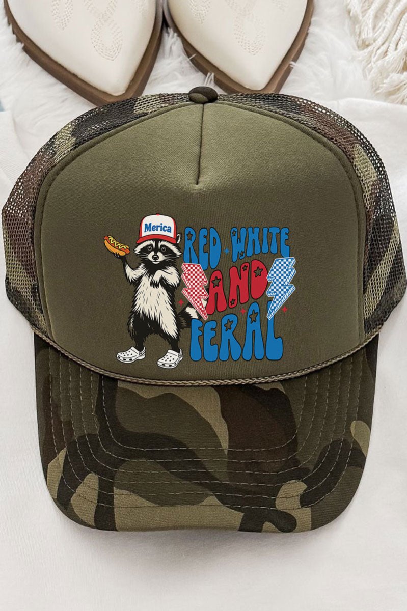 Red, White, And Feral Otto Camo with Olive Green Foam Front Trucker Hat - Wholesale Accessory Market