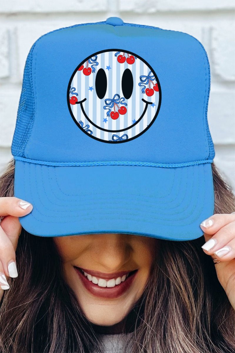 Cherry USA Happy Face Otto Columbia Blue Foam Front Trucker Hat - Wholesale Accessory Market