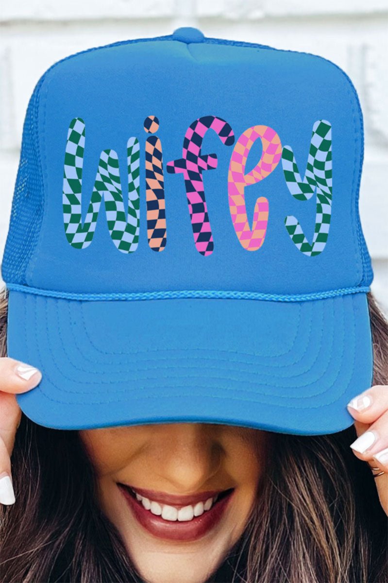 Wavy Checkered Wifey Otto Columbia Blue Foam Front Trucker Hat - Wholesale Accessory Market