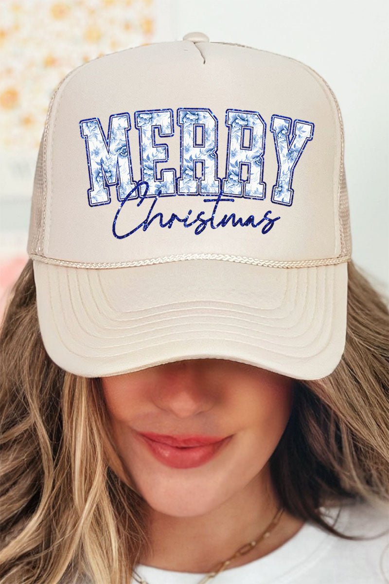 Chinoiserie Blue Merry Christmas Otto Khaki Foam Front Trucker Hat - Wholesale Accessory Market
