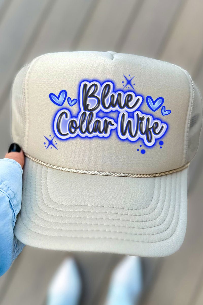 Faux Airbrush Blue Collar Wife Otto Khaki Foam Front Trucker Hat - Wholesale Accessory Market