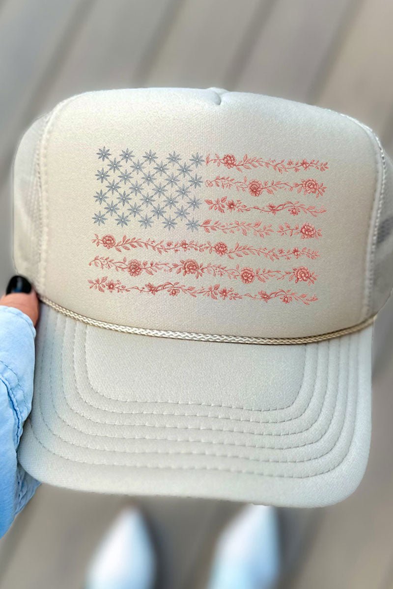 Floral United States Flag Otto Khaki Foam Front Trucker Hat - Wholesale Accessory Market