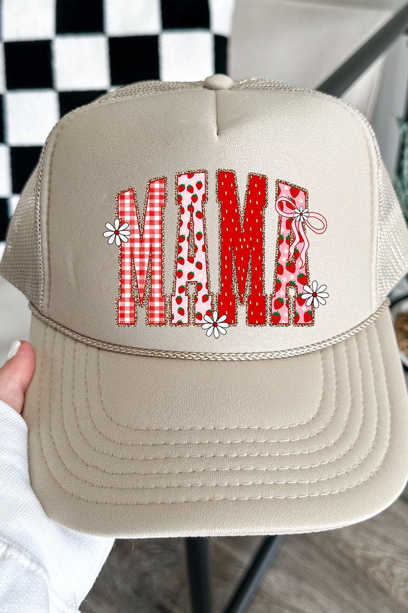 Strawberry Gingham Mama Otto Khaki Foam Front Trucker Hat - Wholesale Accessory Market