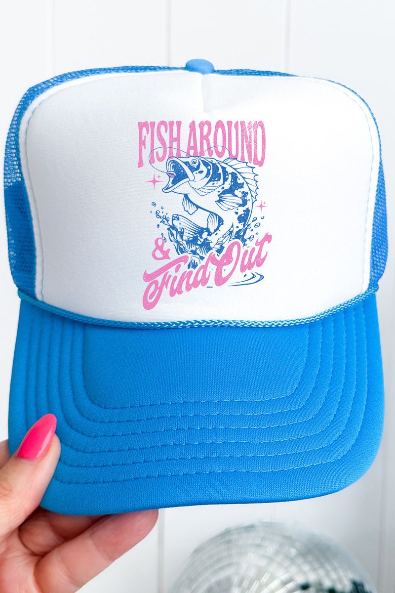 Fish Around & Find Out Otto Neon Blue with White Foam Front Trucker Hat - Wholesale Accessory Market