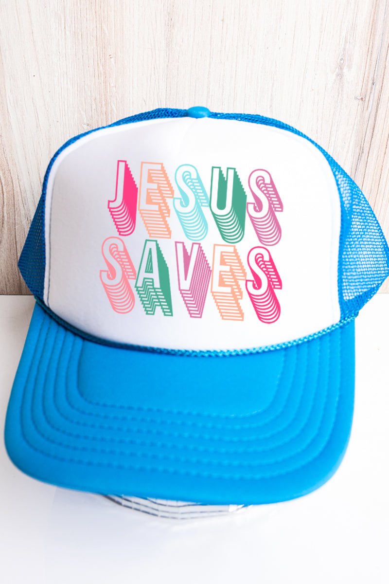 Stacked Jesus Saves Otto Neon Blue with White Foam Front Trucker Hat - Wholesale Accessory Market