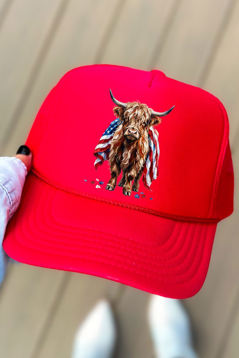 Painted Old Glory Highland Cow Otto Foam Front Trucker Hat - Wholesale Accessory Market