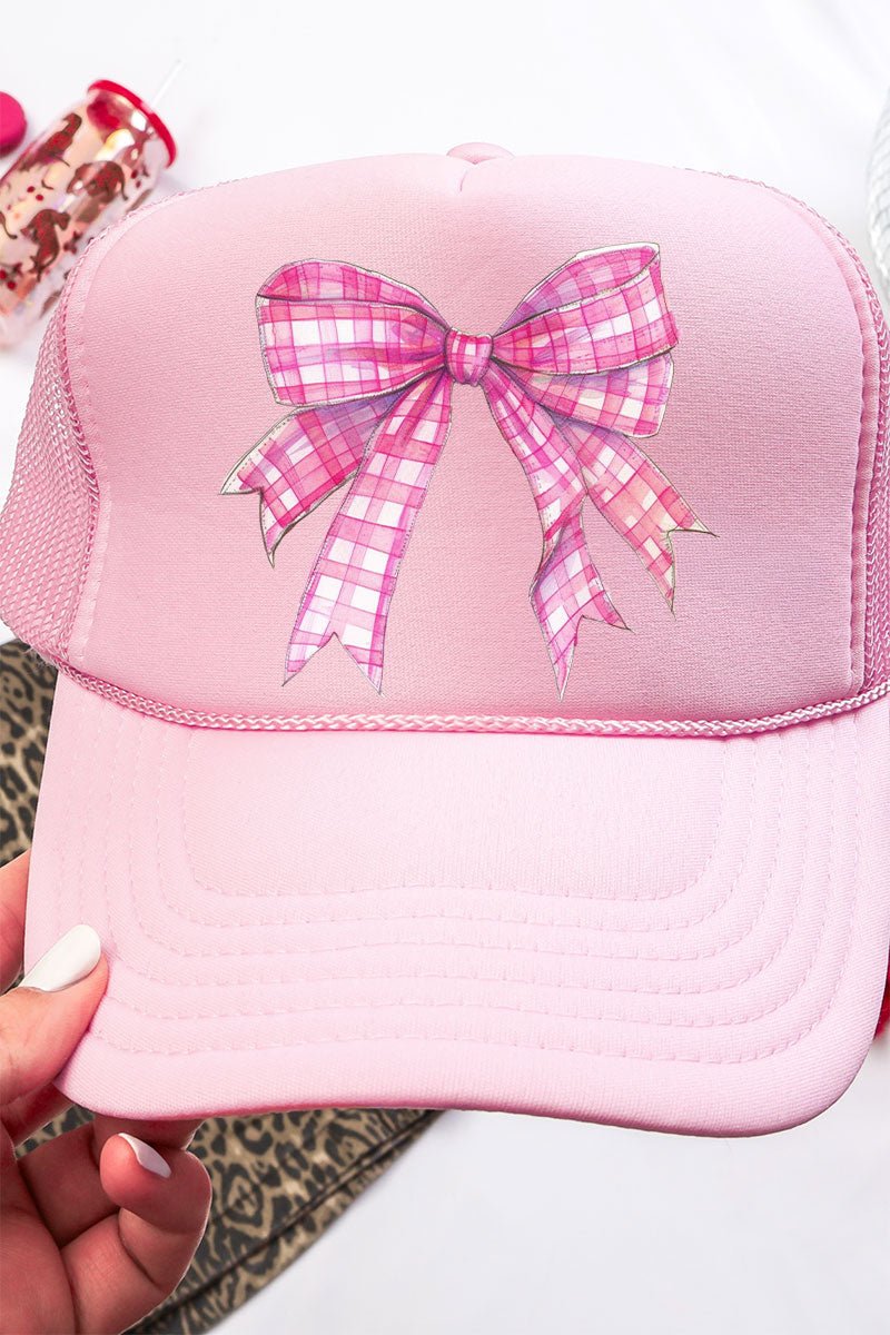 Hot Pink Gingham Bow Otto Soft Pink Foam Front Trucker Hat - Wholesale Accessory Market