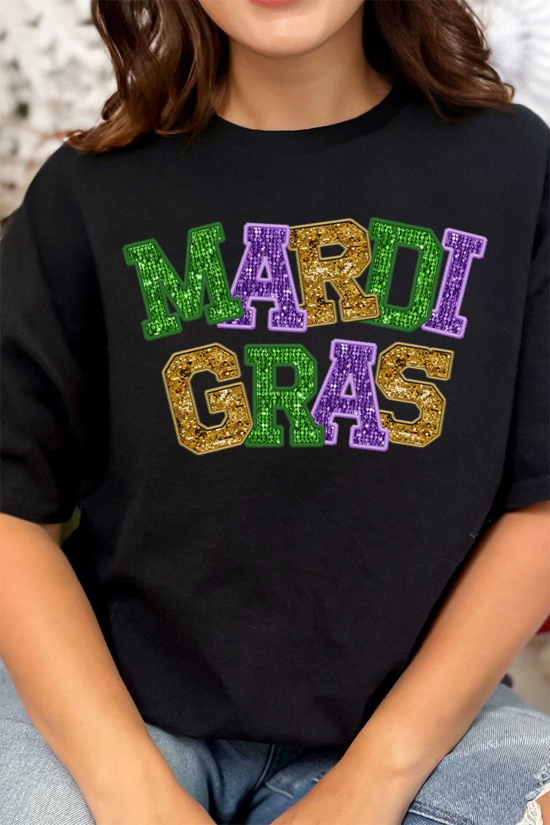 Faux Glitter Mardi Gras Short Sleeve Relaxed Fit T-Shirt - Wholesale Accessory Market