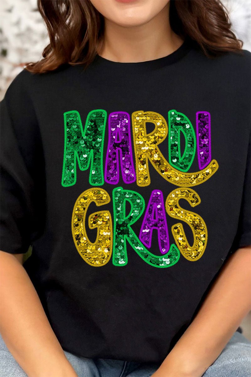 Mardi Gras Doodle Faux Glitter Short Sleeve Relaxed Fit T-Shirt - Wholesale Accessory Market