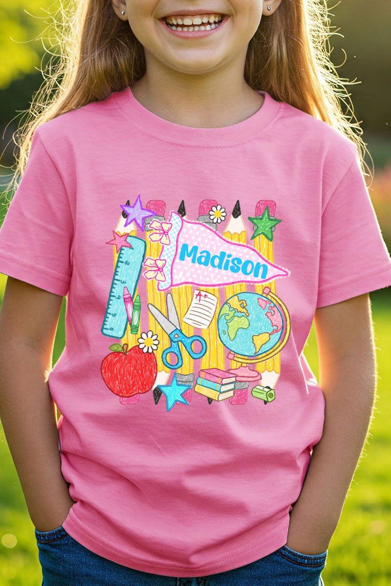 Youth Personalized School Day Sketches Short Sleeve Relaxed Fit T-Shirt *Enter Kid's Name - Wholesale Accessory Market