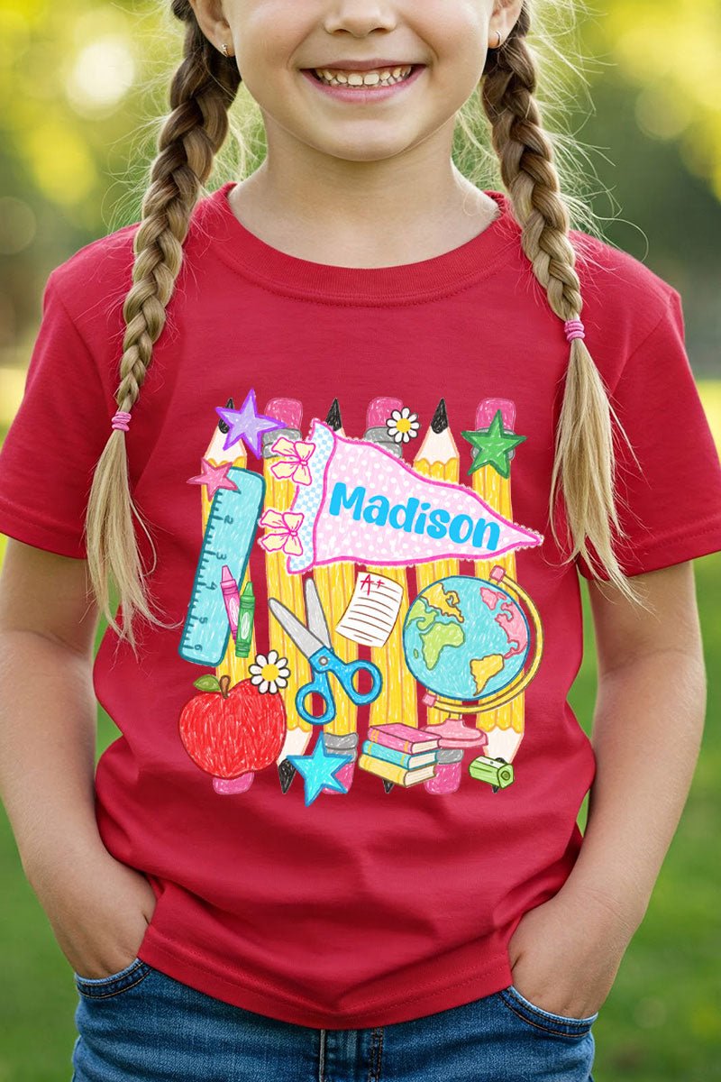 Youth Personalized School Day Sketches Short Sleeve Relaxed Fit T-Shirt *Enter Kid's Name - Wholesale Accessory Market