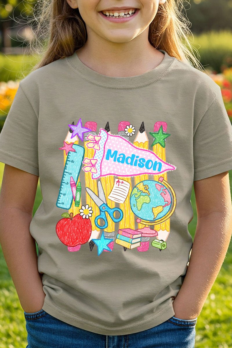Youth Personalized School Day Sketches Short Sleeve Relaxed Fit T-Shirt *Enter Kid's Name - Wholesale Accessory Market