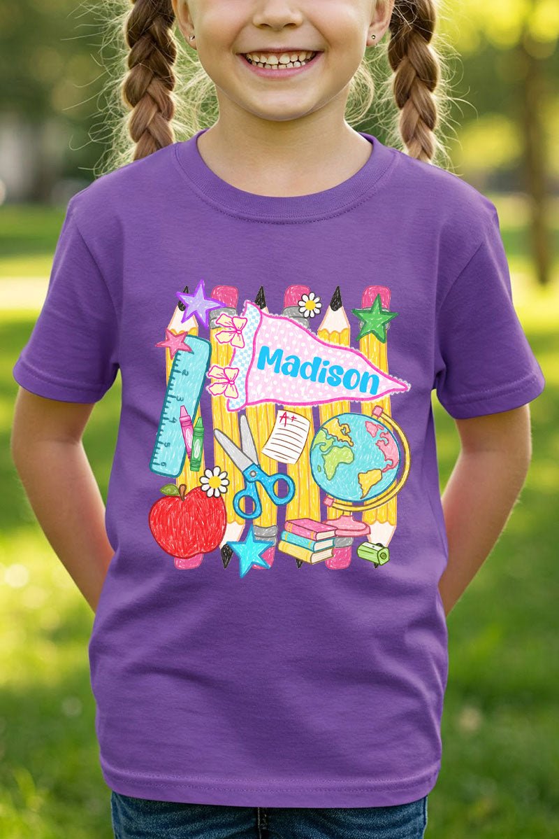 Youth Personalized School Day Sketches Short Sleeve Relaxed Fit T-Shirt *Enter Kid's Name - Wholesale Accessory Market