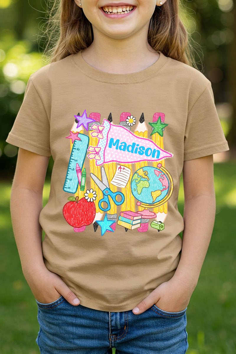 Youth Personalized School Day Sketches Short Sleeve Relaxed Fit T-Shirt *Enter Kid's Name - Wholesale Accessory Market