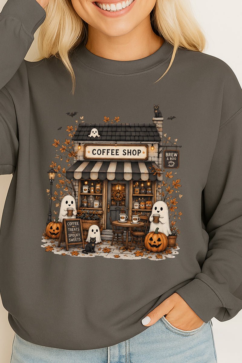 Brew & Boo Coffee Shop Heavy Cotton Long Sleeve Adult T-Shirt - Wholesale Accessory Market