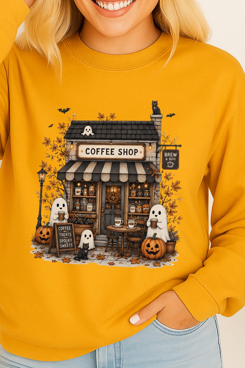 Brew & Boo Coffee Shop Heavy Cotton Long Sleeve Adult T-Shirt - Wholesale Accessory Market