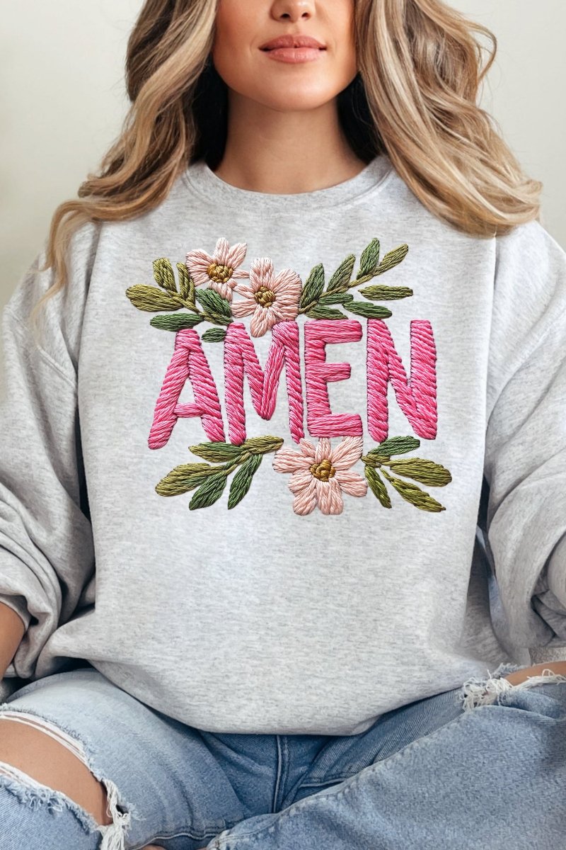 Pink Amen Faux Embroidery Unisex NuBlend Crew Sweatshirt - Wholesale Accessory Market