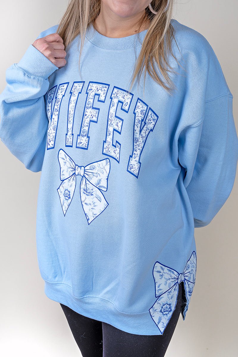 Side Bows Arched Wifey Blue Chinoiserie Unisex NuBlend Crew Sweatshirt - Wholesale Accessory Market