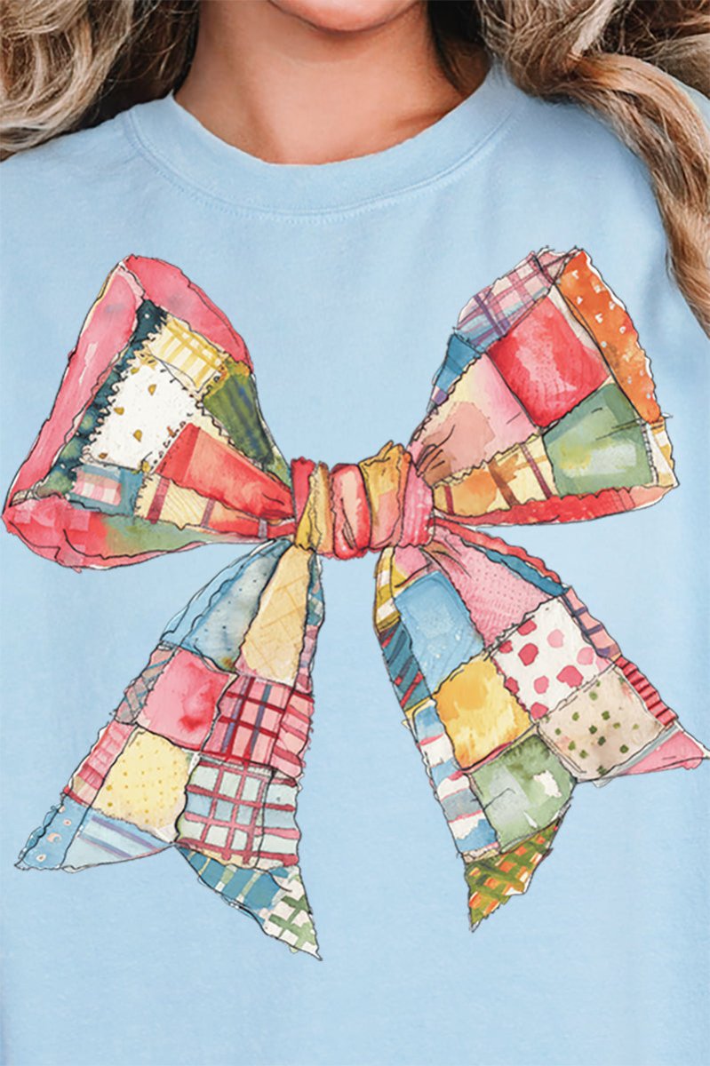 Faux Patchwork Quilt Stripe Bow Unisex NuBlend Crew Sweatshirt - Wholesale Accessory Market
