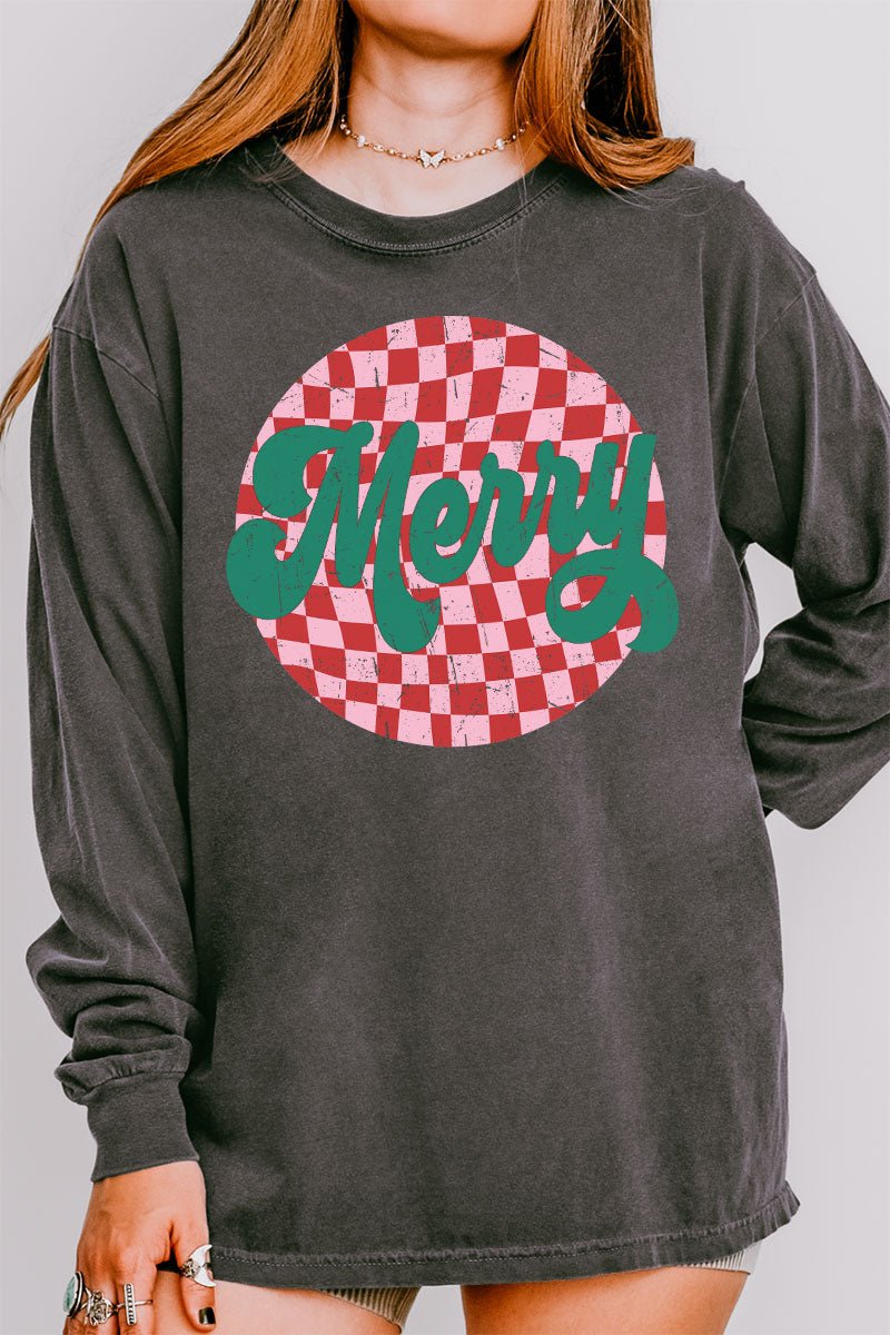 Merry Retro Check Comfort Colors Heavyweight Long T-Shirt - Wholesale Accessory Market