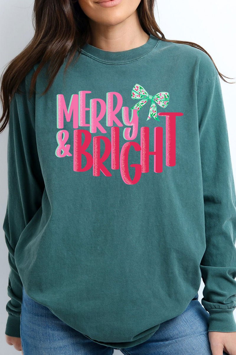 Merry And Bright Coquette Bow Comfort Colors Heavyweight Long Sleeve T-Shirt - Wholesale Accessory Market