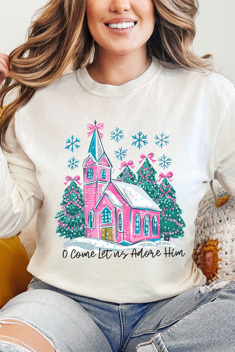 Pink Church Come Let Us Adore Him Comfort Colors Heavyweight Long Sleeve T-Shirt - Wholesale Accessory Market