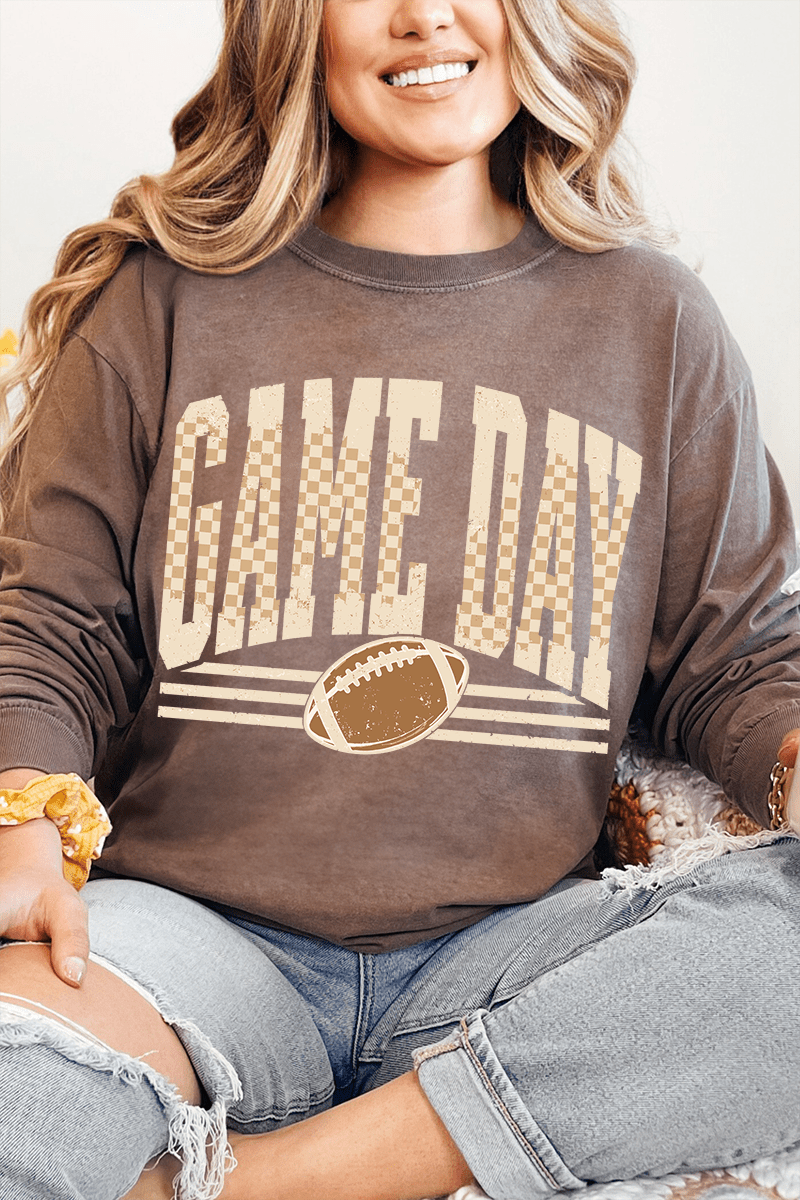 Checkered Taupe Game Day Comfort Colors Heavyweight Long T-Shirt - Wholesale Accessory Market