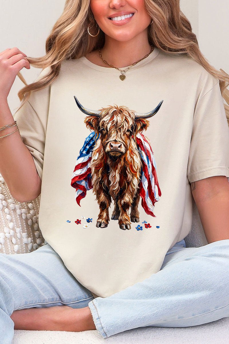 Painted Old Glory Highland Cow Softstyle Adult T-Shirt - Wholesale Accessory Market