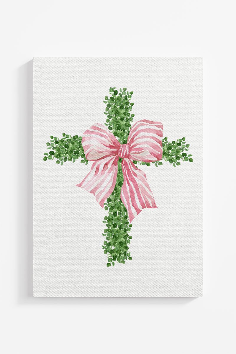 Pink Bow Boxwood Cross Ready To Frame Canvas Print - Wholesale Accessory Market