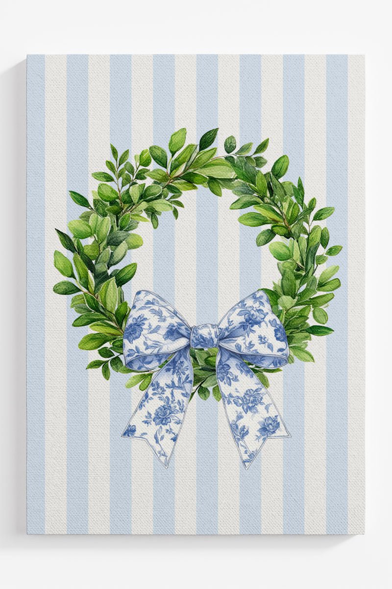 Striped Blue Willow Wreath Ready To Frame Canvas Print - Wholesale Accessory Market
