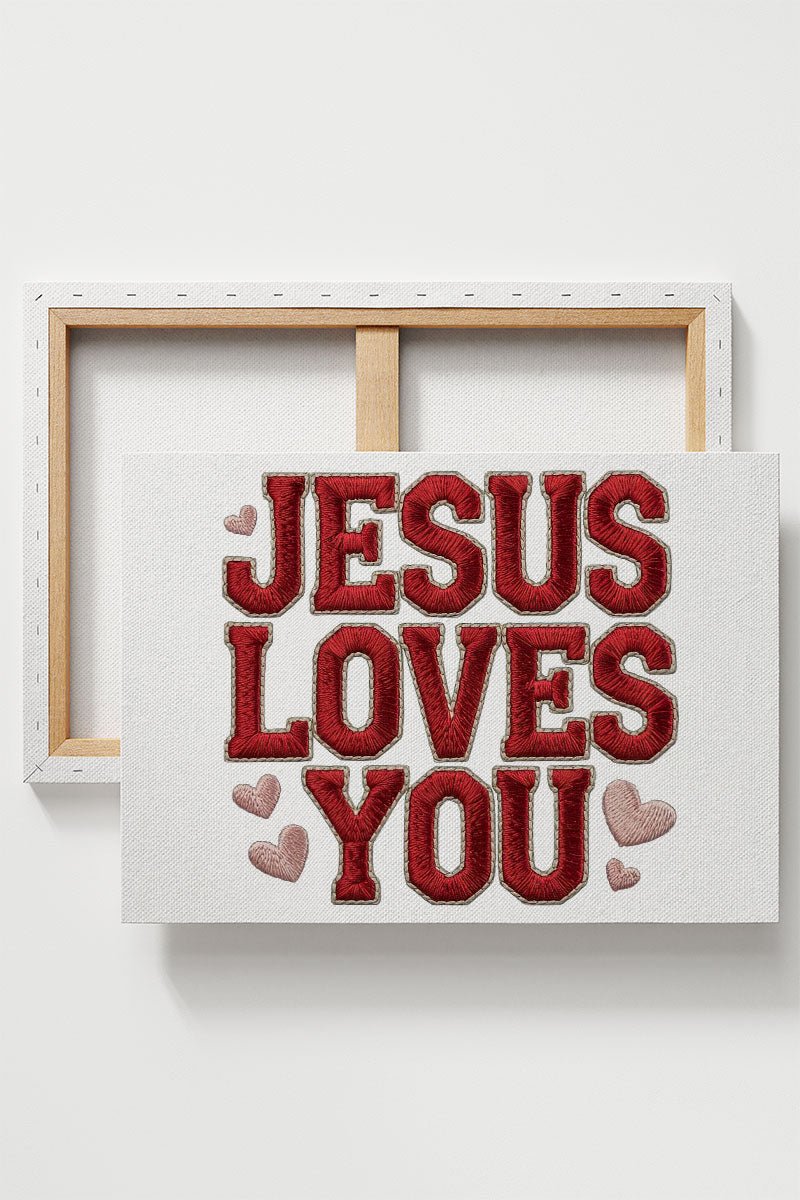 Faux Embroidery Jesus Loves You Stretched Canvas Print - Wholesale Accessory Market
