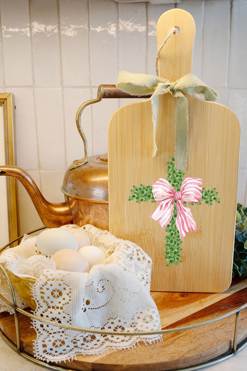 Pink Bow Boxwood Cross Decorative Wood Cutting Board - Wholesale Accessory Market
