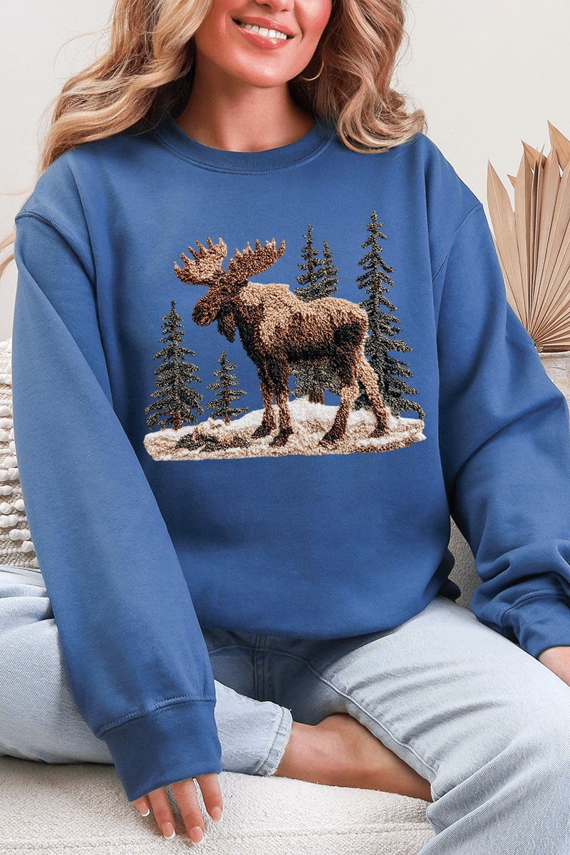 Faux Yarn Winter Moose Ecosmart Crewneck Sweatshirt - Wholesale Accessory Market