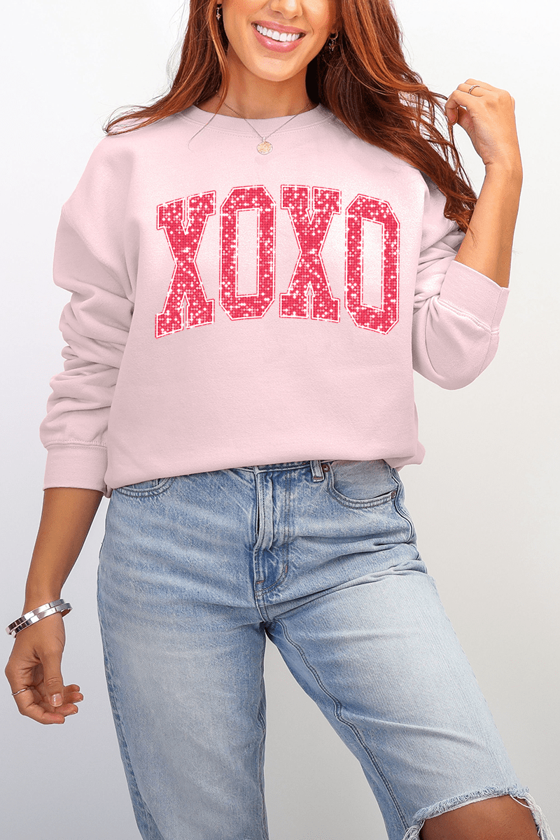 Faux Glitter XOXO Ecosmart Crewneck Sweatshirt - Wholesale Accessory Market