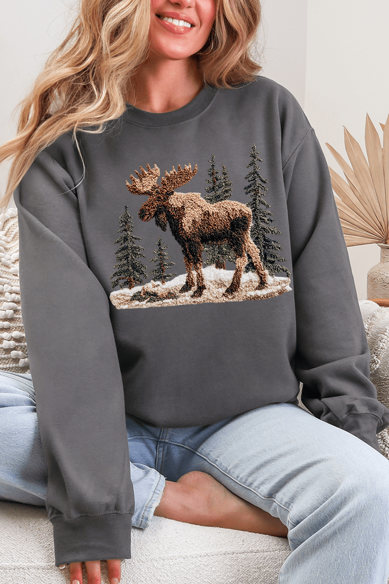 Faux Yarn Winter Moose Ecosmart Crewneck Sweatshirt - Wholesale Accessory Market