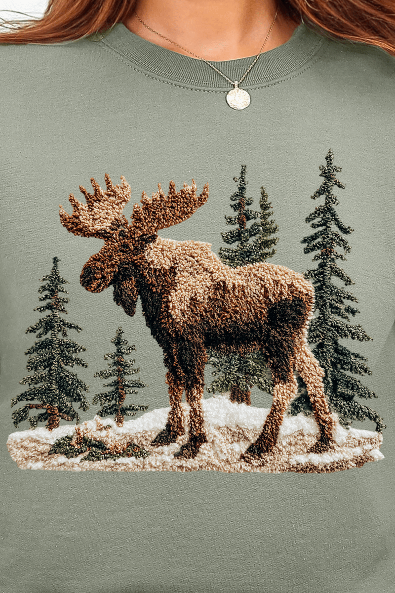 Faux Yarn Winter Moose Ecosmart Crewneck Sweatshirt - Wholesale Accessory Market