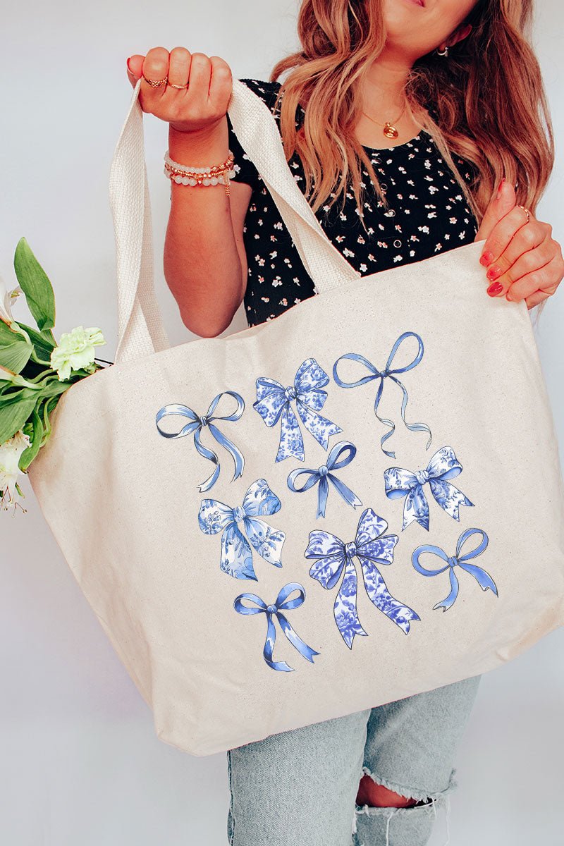 Blue Chinoiserie Bows Canvas Jumbo Tote - Wholesale Accessory Market