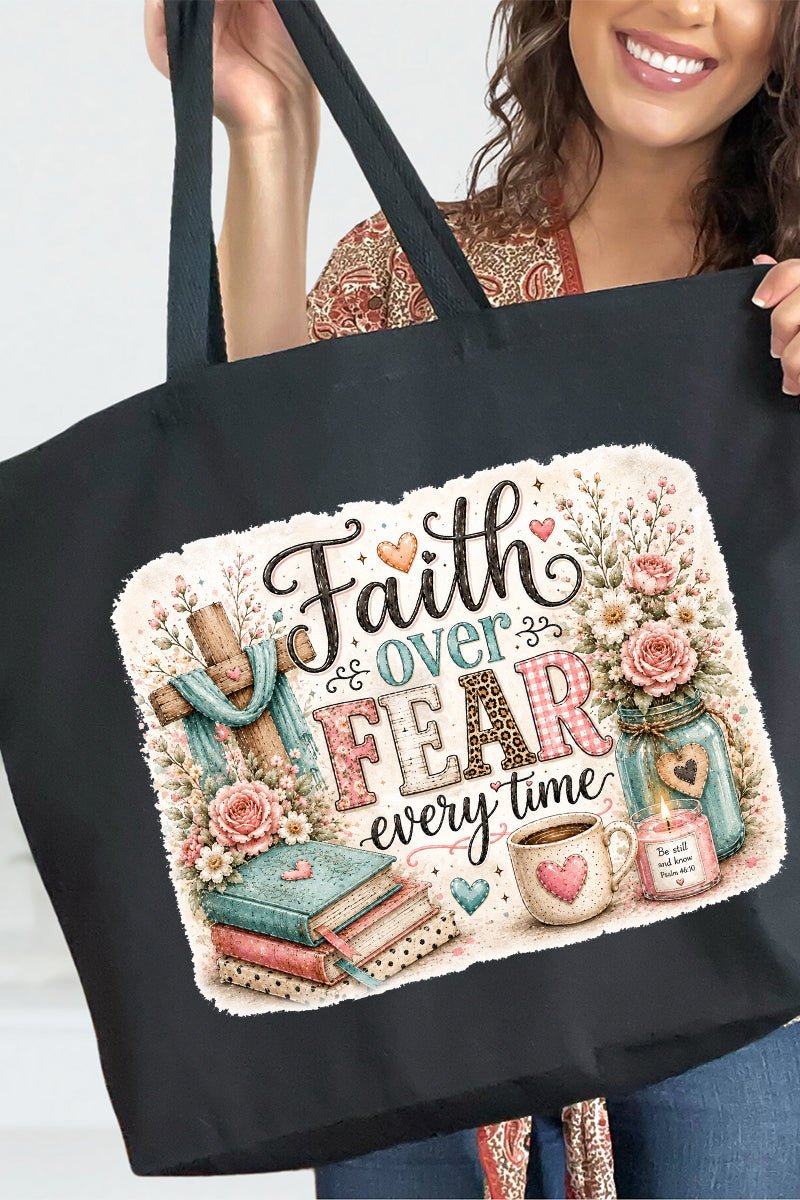 Faith Over Fear Floral Devotion Canvas Jumbo Tote - Wholesale Accessory Market