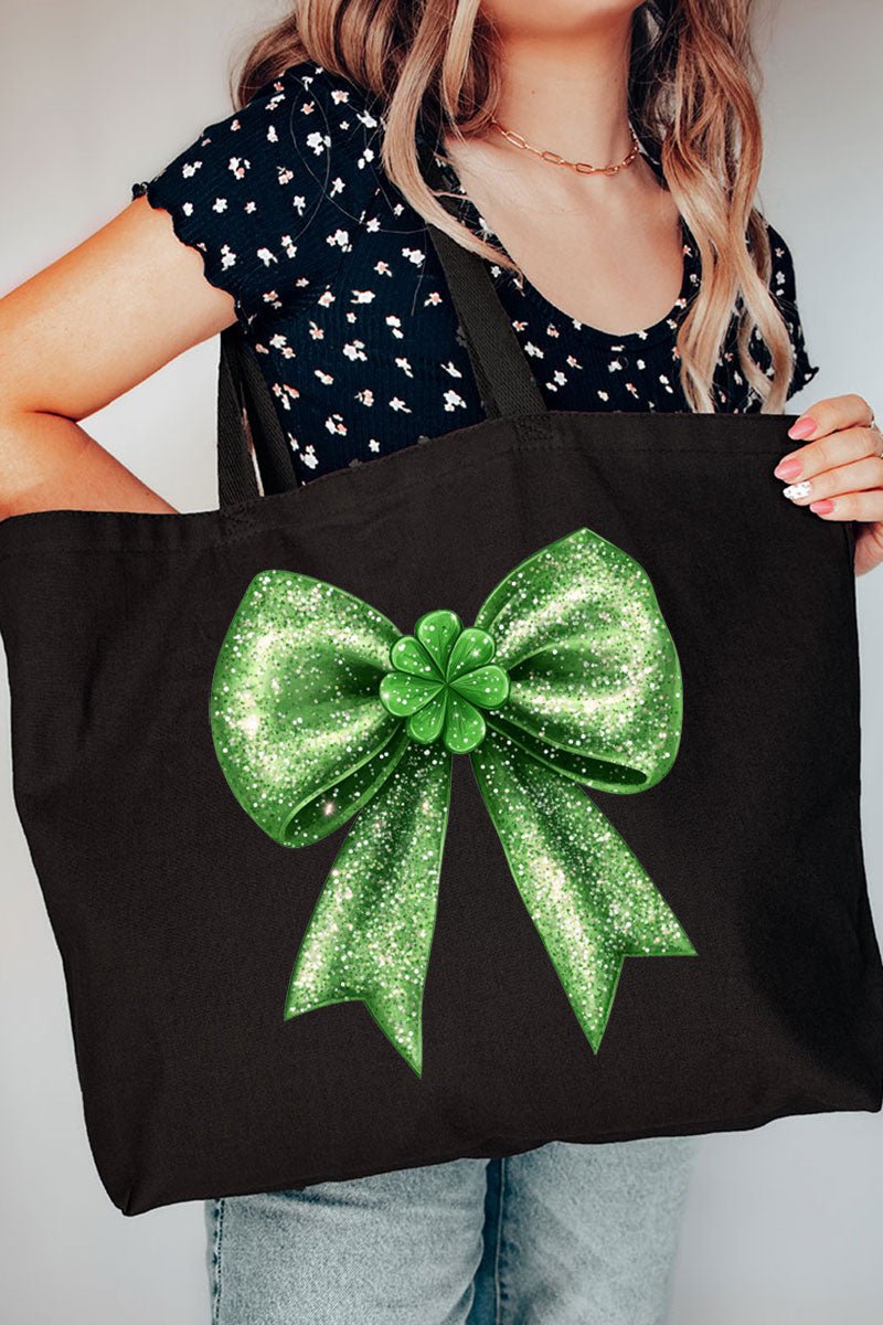 Faux Glitter Clover Coquette Canvas Jumbo Tote - Wholesale Accessory Market